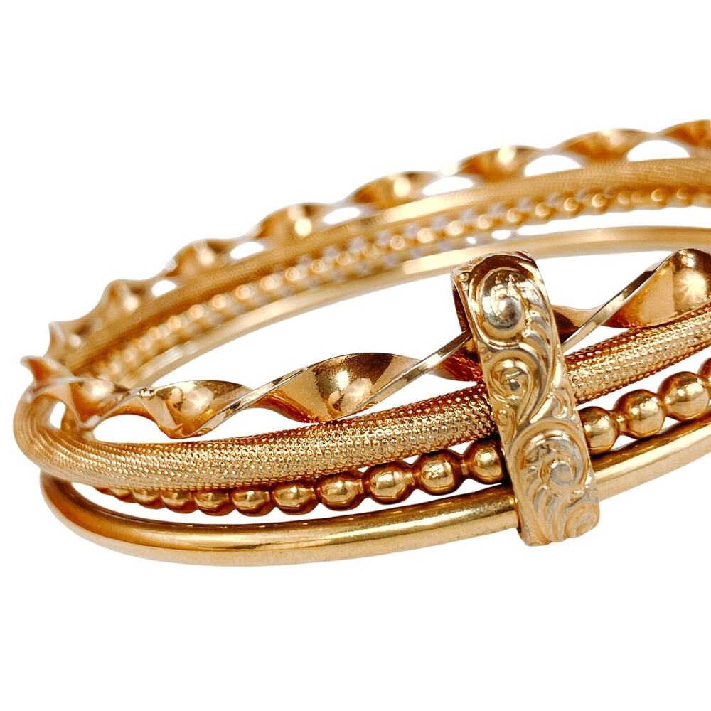 VTG 1980s Bangle Gold Tone Fixed Triple Bracelet Textured Layered Design